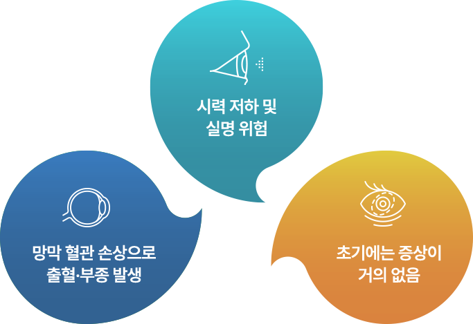 망막 혈관 손상으로 출혈·부종 발생, 시력 저하 및 실명 위험, 초기에는 증상이 거의 없음